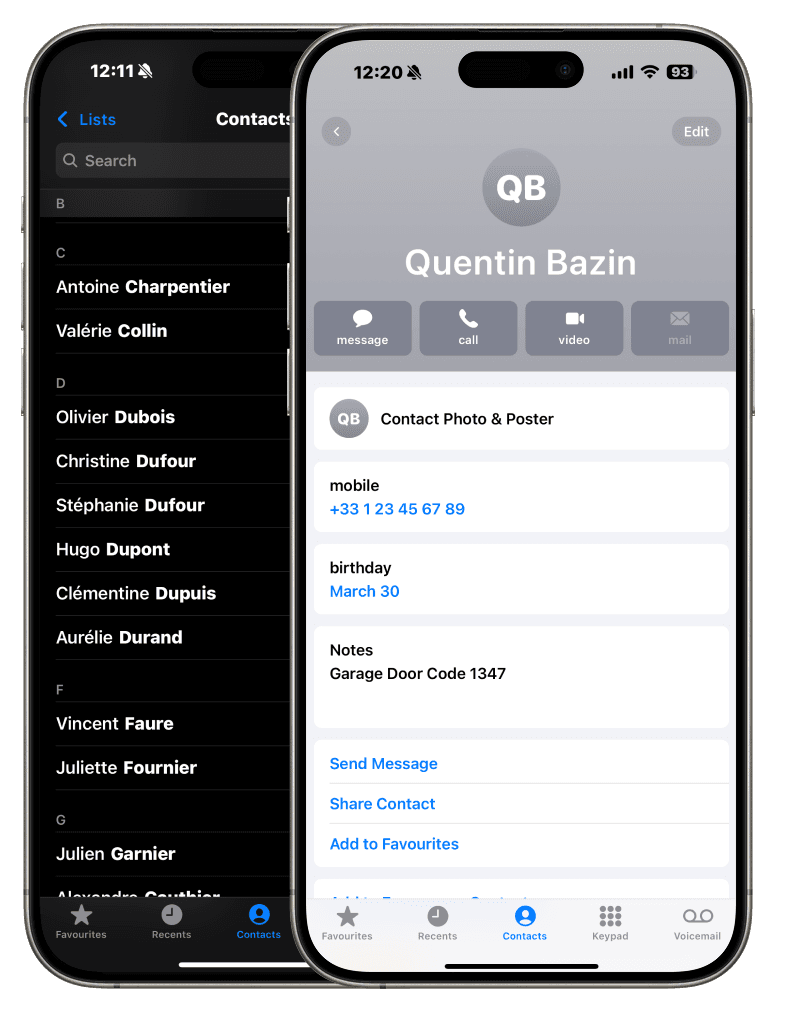 Classic edition on iPhone: the contacts list and a contact card, iOS 18-style interface